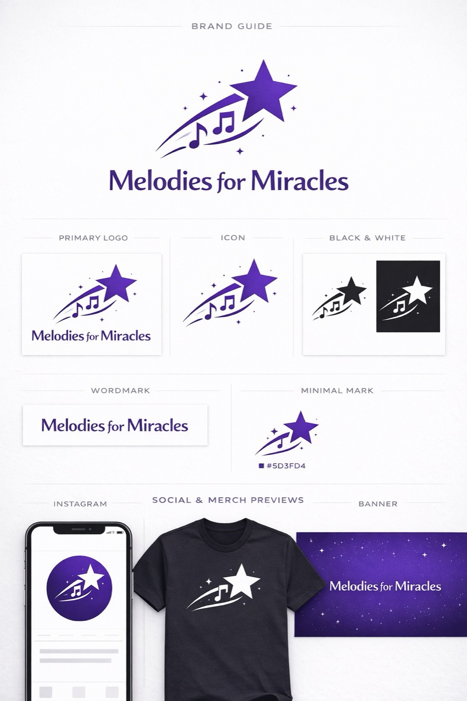 Melodies For Miracles brand guide showing the logo, wordmark, and purple brand direction